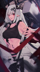 Rule 34 | 1girl, absurdres, arknights, bodysuit, breasts, cowboy shot, demon horns, ear piercing, elite ii (arknights), grey hair, hair ornament, highres, holding, holding weapon, horns, kimo suna, long hair, looking at viewer, medium breasts, mudrock (arknights), mudrock (elite ii) (arknights), navel, open bodysuit, open clothes, parted lips, piercing, pointy ears, red eyes, red ribbon, ribbon, solo, stomach, war hammer, weapon, white bodysuit