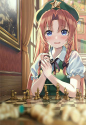Rule 34 | 1girl, artistic error, beret, black ribbon, blue eyes, blurry, blurry foreground, blush, board game, book, braid, chess, chess piece, chessboard, collared shirt, commentary request, curtains, day, depth of field, frilled sleeves, frills, green hat, green vest, hat, highres, hong meiling, indoors, long hair, looking at viewer, neck ribbon, nervous smile, open mouth, own hands together, painting (object), parted bangs, puffy short sleeves, puffy sleeves, red hair, reflection, ribbon, shirt, short sleeves, smile, solo, star (symbol), straight hair, touhou, twin braids, upper body, vest, white shirt, window, yuuka nonoko