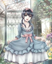 Rule 34 | 1girl, black hair, blue dress, blue eyes, bow, cherry blossoms, corpse party, cpsuna5119, dress, flower, garden, glowing, greenhouse, hair bow, hair ribbon, highres, indoors, long hair, looking at viewer, low twintails, open mouth, pink ribbon, plant, ribbon, shinozaki ayumi, skirt hold, smile, solo, sunlight, tree, tulip, twintails