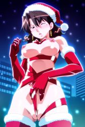 Rule 34 | 1girl, blush, brown eyes, brown hair, christmas, city, cleft of venus, cowboy shot, earrings, elbow gloves, fur trim, gloves, hat, jewelry, kaori (super real mahjong), mole, mole under eye, night, non-web source, open mouth, outdoors, partially visible vulva, red gloves, red ribbon, ribbon, santa costume, santa hat, short hair, snowing, solo, standing, super real mahjong, tanaka ryou, wince