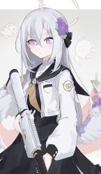 Rule 34 | 1girl, a cexyz, absurdres, assault rifle, azusa (blue archive), bad id, bad twitter id, blue archive, blush, flower, gun, hair between eyes, hair flower, hair ornament, halo, highres, looking away, purple eyes, rifle, school uniform, silver hair, simple background, solo, trigger discipline, weapon, wings