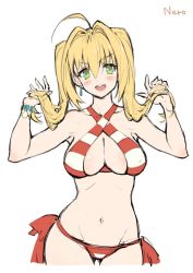 Rule 34 | &gt;:d, 10s, :d, ahoge, bikini, blonde hair, blush, bow, bracelet, breasts, character name, cleavage, collarbone, commentary request, earrings, fate/extra, fate/grand order, fate (series), green eyes, hair intakes, halterneck, hands up, haoni, hip focus, holding, holding own hair, jewelry, long hair, looking at viewer, navel, nero claudius (fate), nero claudius (fate) (all), nero claudius (swimsuit caster) (fate), open mouth, red bikini, red bow, side-tie bikini bottom, side-tie bottom, simple background, smile, striped bikini, striped clothes, swimsuit, teeth, twintails, v-shaped eyebrows, white background