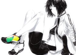 Rule 34 | 1girl, bike shorts, black hair, jacket, legs, monochrome, navel, open clothes, open jacket, open mouth, original, shoes, short hair, shorts, simple background, sitting, sleeves pushed up, sneakers, solo, sousou (sousouworks), sports bra, spot color, white background