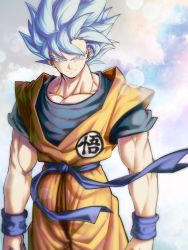 Rule 34 | 1boy, arms at sides, blue eyes, blue hair, blurry, bokeh, bracer, closed mouth, clothes lift, cloud, cloudy sky, depth of field, dougi, dragon ball, dragon ball super, highres, lens flare, looking at viewer, male focus, mattari illust, muscular, pectorals, shaded face, sky, smile, solo, son goku, spiked hair, standing, super saiyan, super saiyan blue