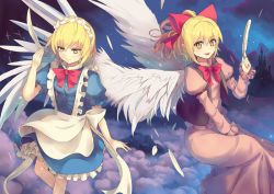 Rule 34 | 2girls, above clouds, angel wings, apron, between legs, blonde hair, blue dress, bow, breasts, castle, cloud, culter, dress, feathered wings, feathers, floating, frilled dress, frills, gengetsu (touhou), gradient background, grin, hair bow, hair ribbon, hand between legs, juliet sleeves, light particles, long skirt, long sleeves, looking at viewer, maid, maid apron, maid headdress, mugetsu (touhou), multiple girls, night, night sky, open clothes, open vest, pink dress, pointy ears, ponytail, puffy short sleeves, puffy sleeves, ribbon, short dress, short hair, short sleeves, siblings, single wing, sisters, skirt, sky, small breasts, smile, touhou, touhou (pc-98), vest, wings, yellow eyes