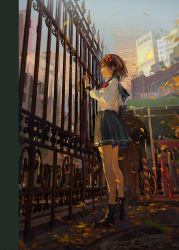 Rule 34 | 1girl, absurdres, autumn leaves, bicycle, black footwear, boots, breasts, brown hair, building, chinese commentary, closed mouth, day, falling leaves, fence, full body, grey sailor collar, grey skirt, hair between eyes, hair ornament, hairband, hand up, highres, leaf, long sleeves, looking at viewer, medium hair, original, outdoors, pleated skirt, red hairband, red neckwear, sailor collar, scenery, school uniform, serafuku, shirt, sideways glance, skirt, sleeve cuffs, small breasts, solo, standing, wheel, white shirt, zzz (orchid-dale)