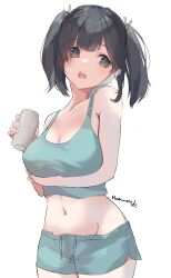 Rule 34 | 1girl, absurdres, alcohol, beer, beer can, black hair, blue eyes, breasts, can, cellphone, cowboy shot, crop top, drink can, highres, kantai collection, large breasts, navel, open mouth, phone, raymie0124, shirt, shorts, simple background, sleeveless, sleeveless shirt, smartphone, solo, souryuu (kancolle), twitter username, white background