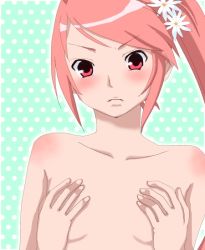 Rule 34 | 1girl, bad id, bad pixiv id, benitsubasa, blush, breasts, covering privates, covering breasts, embarrassed, flat chest, flower, frown, hair flower, hair ornament, kyou fumei, long hair, nude, pink eyes, pink hair, polka dot, ponytail, sekirei, side ponytail, solo
