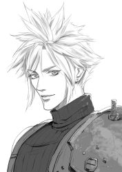 Rule 34 | 1boy, armor, bare arms, bare shoulders, cloud strife, ear piercing, earrings, eyebrows, eyelashes, final fantasy, final fantasy vii, hair between eyes, jewelry, lips, looking at viewer, male focus, monochrome, munette, pale skin, piercing, short hair, shoulder armor, solo, solo focus, spiked hair, square enix, sweater, turtleneck, turtleneck sweater, white background