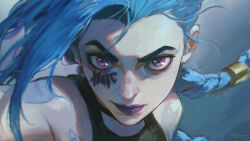 1girl arcane:_league_of_legends arcane_jinx arm_tattoo art_of_papayou artist_name blue_hair braid closed_mouth floating_hair gradient_background highres jinx_(league_of_legends) league_of_legends long_hair looking_at_viewer purple_eyes purple_lips serious simple_background solo tattoo upper_body