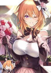 Rule 34 | 2girls, ;), aged up, alternate breast size, bare shoulders, bird, black gloves, bouquet, breasts, cane, chibi, chibi inset, commentary, dove, dress, elbow gloves, flower, gloves, gochuumon wa usagi desu ka?, hair between eyes, hat, highres, holding, holding cane, hoto cocoa, kafuu chino, ks (xephyrks), large breasts, medium hair, mini hat, mini top hat, multiple girls, one eye closed, orange hair, outside border, parted lips, purple eyes, smile, solo focus, staff, tilted headwear, top hat