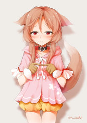 Rule 34 | 1girl, animal ears, blush, brown gloves, brown hair, collarbone, commentary request, ears down, fingers together, fox ears, fox girl, fox tail, fur-trimmed gloves, fur trim, gloves, grey background, hair between eyes, highres, hood, hood down, index fingers together, long hair, macchiato (jae-min cho), ouka miko, photoshop (medium), pink shirt, puffy shorts, red eyes, revision, shirt, short shorts, short sleeves, shorts, simple background, solo, sweat, tail, twitter username, utau, yellow shorts