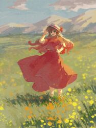 Rule 34 | 1girl, brown hair, cloud, commentary, day, full body, ge dazuo, green eyes, hand up, hat, hat ribbon, highres, long hair, looking at viewer, meadow, mountainous horizon, open mouth, original, outdoors, red ribbon, red shirt, red skirt, ribbon, shirt, short sleeves, skirt, skirt set, smile, solo, standing, white hat