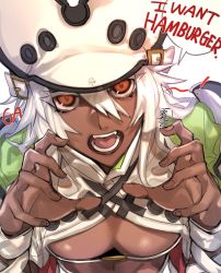 Rule 34 | 1girl, bad id, bad pixiv id, belt bra, breasts, commentary, dark-skinned female, dark skin, english text, guilty gear, guilty gear xrd, hat, highres, long hair, looking at viewer, medium breasts, orange eyes, ramlethal valentine, roas01b, simple background, solo, white background, white hair