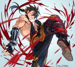 Rule 34 | 1boy, action, black hair, blood, brown hair, cannon dancer, fingerless gloves, gloves, indesign, kirin (cannon dancer), long hair, male focus, manly, muscular, ponytail, red eyes, solo