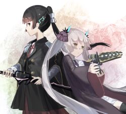 2girls black_hair black_robe epaulettes green_eyes heaven_burns_red highres holding holding_weapon horns kr_woyue long_hair multiple_girls natsume_inori ogasawara_hisame ponytail red_ribbon ribbon robe shirt sword twintails weapon white_hair white_shirt yellow_eyes