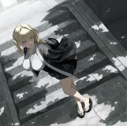 Rule 34 | 1girl, absurdres, black skirt, blonde hair, breasts, collarbone, earrings, egk513, flip-flops, from above, full body, highres, huge filesize, japanese clothes, jewelry, large breasts, leaning forward, legs together, long sleeves, looking at viewer, lower teeth only, medium hair, miniskirt, no socks, okobo, open clothes, open mouth, original, outdoors, sandals, skirt, solo, stairs, teeth, tree shade, twintails, wide sleeves, yellow eyes