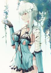 Rule 34 | 1girl, absurdres, bandaged arm, bandaged neck, bandages, black gloves, braided hair rings, breasts, cleavage, clothing cutout, cowboy shot, elbow gloves, film grain, flower, flower request, frills, from side, gloves, hair flower, hair ornament, highres, jitome, kaine (nier), leaf, lingerie, lips, looking at viewer, lunar tear, medium breasts, navel cutout, negligee, nier, nier (series), orange eyes, panties, parted lips, piao miao, profile, purple flower, revealing clothes, sepia, single bare shoulder, single hair ring, single sidelock, solo, underwear, white panties