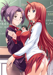 Rule 34 | 1boy, 2girls, :d, :o, age difference, ahoge, arm grab, ass, assisted exposure, belly chain, belt, between breasts, black hair, blazer, blue eyes, blush, breast press, breasts, brown eyes, chalkboard, chibi, classroom, clenched hand, clothes lift, collar, cowboy shot, double teacher life, embarrassed, formal, from side, glasses, grey legwear, hair between eyes, hair ornament, hairclip, hand on another&#039;s hip, happy, high collar, high ponytail, highleg, highleg panties, hug, indoors, jacket, jewelry, juujou kaname, kurosaki shigure, lace, lace-trimmed panties, lace trim, large breasts, lifting another&#039;s clothes, long hair, long sleeves, mini person, miniboy, mizuki haruto, multiple girls, nose blush, o o, open clothes, open jacket, open mouth, outstretched arms, panties, panties under pantyhose, panty peek, pantyhose, pantyshot, pencil skirt, person between breasts, pink panties, ponytail, purple hair, red hair, ribbed shirt, rimless eyewear, school, school nurse, shirt, short hair, short ponytail, side slit, sideboob, sidelocks, size difference, skirt, skirt lift, skirt suit, sleeve cuffs, smile, spread arms, standing, suit, sweatdrop, symmetrical docking, teacher, teacher and student, thong, tomiya natsuki, underwear, unzipped, very long hair, yuri