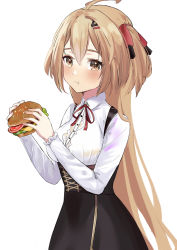 Rule 34 | 1girl, absurdres, ahoge, black bow, black skirt, bow, brown eyes, brown hair, burger, chewing, collared shirt, commentary, corset, eri (ukei), food, hair between eyes, hair bow, hands up, highres, holding, holding food, long hair, long sleeves, neck ribbon, original, red bow, red ribbon, ribbon, school uniform, shirt, simple background, skirt, solo, suspender skirt, suspenders, ukei, upper body, white background, white shirt