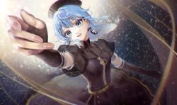 Rule 34 | 1girl, absurdres, blue eyes, blue hair, ena1215, fingerless gloves, gloves, hat, highres, hololive, hoshimachi suisei, looking at viewer, medium hair, open mouth, short sleeves, solo, virtual youtuber