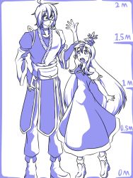 Rule 34 | 1boy, 1girl, blue theme, commentary request, glasses, height chart, height conscious, height difference, kamishirasawa keine, kujiraya, long hair, monochrome, morichika rinnosuke, outstretched arm, outstretched hand, purple theme, tiptoes, touhou, very long hair