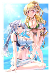 Rule 34 | 2girls, :d, :o, arm belt, bare shoulders, barefoot, bikini, blonde hair, blue eyes, blue sky, breasts, brown collar, cleavage, clothes lift, cloud, collar, collarbone, commentary request, day, earrings, epaulettes, frilled skirt, frilled sleeves, frills, full body, green bikini, groin, hair between eyes, hair bun, hair intakes, hair ribbon, hands on own knees, high ponytail, highres, jewelry, knees together feet apart, large breasts, leaning forward, long hair, looking at viewer, magia record: mahou shoujo madoka magica gaiden, mahou shoujo madoka magica, midriff, multiple girls, navel, necklace, open mouth, ponytail, red eyes, ribbon, sarong, sarong lift, satom, shirt, showgirl skirt, sidelocks, silver hair, single hair bun, sitting, skirt, sky, smile, standing, striped bikini, striped clothes, sunlight, swimsuit, tied shirt, togame momoko, togame momoko (mermaid ver.), white background, white shirt, white skirt, wristband, yakumo mitama, yakumo mitama (mermaid ver.), yokozuwari