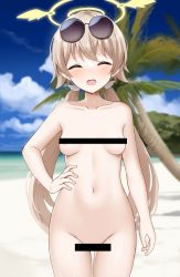 Rule 34 | 1girl, absurdres, arm at side, bar censor, beach, blonde hair, blue archive, blue sky, blush, breasts, breasts apart, censored, closed eyes, collarbone, completely nude, cowboy shot, day, eyewear on head, facing viewer, groin, halo, hand on own hip, hifumi (blue archive), highres, long hair, low twintails, navel, nude, open mouth, outdoors, palm tree, round eyewear, shengtian, sky, small breasts, solo, stomach, sunglasses, sweat, tree, twintails, very long hair