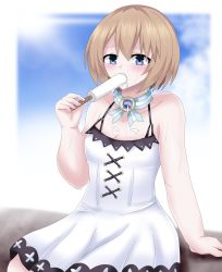Rule 34 | bare shoulders, blanc, blanc (neptunia), blue eyes, breasts, brown hair, cleavage, cloud, dress, dripping, food, highres, ice cream, ice lolli, ice pop, matrixjudge, neptune (series), ribbon, short hair, skirt, sky, small breasts, thighs