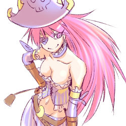 Rule 34 | 1girl, alternate costume, bustier, choker, commentary request, elbow gloves, eyepatch, final fight, gloves, hand on own hip, hat, lowres, midriff, navel, pink hair, pirate, pirate hat, poison (final fight), riding crop, smile, solo, street fighter, street fighter iv (series), urujika