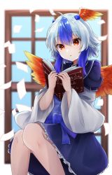 Rule 34 | 1girl, ahoge, bird wings, blue cape, blue hair, blue skirt, book, cape, floating, floating object, frilled skirt, frills, gunsou1350, head wings, highres, holding, holding book, long sleeves, multicolored hair, paper, red eyes, red wings, short hair, single head wing, sitting, skirt, tokiko (touhou), touhou, white hair, wide sleeves, window, wings