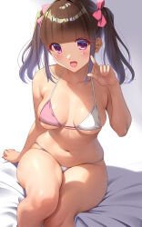 Rule 34 | 1girl, :d, absurdres, akihiro0920, arm support, bare arms, bed sheet, bikini, blunt bangs, breasts, brown hair, collarbone, commentary request, hair ribbon, highres, index finger raised, large breasts, legs together, looking at viewer, micro bikini, navel, open mouth, original, purple eyes, ribbon, sidelocks, sitting, small breasts, smile, solo, swimsuit, thighs, twintails, two-tone bikini, white bikini