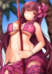 Rule 34 | 1girl, ayuteisyoku, between breasts, bikini, blurry, blurry background, blush, bracelet, breasts, closed mouth, coconut, commentary request, covered erect nipples, day, fate/grand order, fate (series), flower, hair between eyes, hair flower, hair ornament, holding, holding weapon, jewelry, large breasts, long hair, looking at viewer, looking down, navel, outdoors, palm tree, purple bikini, purple hair, red eyes, scathach (fate), scathach (fate), scathach (fate/grand order), scathach (swimsuit assassin) (fate), skindentation, sky, solo, standing, stomach, swimsuit, thigh strap, tree, very long hair, weapon