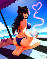 Rule 34 | ass, beach, bikini, black hair, blue eyes, book, breasts, feet, fire emblem, fire emblem awakening, from behind, heart, heart-shaped pupils, large breasts, long hair, looking at viewer, magic, nintendo, shade, smile, swimsuit, symbol-shaped pupils, tagme, tan, tanline, tharja (fire emblem), toes, water