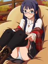 Rule 34 | 1girl, bean bag chair, black hair, black pantyhose, black skirt, blue eyes, blush, boots, brown footwear, closed mouth, clothes pull, commentary, cross-laced footwear, fringe trim, frown, glasses, grey-framed eyewear, highres, idolmaster, idolmaster million live!, jewelry, lace-up boots, lielos, long hair, looking at viewer, miniskirt, mogami shizuka, necklace, pantyhose, pantyhose pull, pleated skirt, red shawl, shawl, single horizontal stripe, sitting, skirt, solo, sweater, turtleneck, turtleneck sweater, white sweater