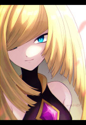 Rule 34 | 1girl, alternate color, bare shoulders, black dress, blonde hair, blue eyes, blunt bangs, blurry, closed mouth, commentary request, creatures (company), diamond (shape), dress, game freak, gem, hair over one eye, katuobushi04, letterboxed, long hair, looking at viewer, lusamine (pokemon), nintendo, official alternate costume, pokemon, pokemon masters ex, purple gemstone, sleeveless, sleeveless dress, smile, upper body