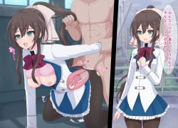 Rule 34 | 1boy, 1girl, 2koma, all fours, aqua eyes, arm at side, arm held back, assault lily, black pantyhose, black shirt, blue skirt, bow, bowtie, bra, bra lift, breasts, breasts out, brown bow, brown hair, building, bush, buttons, censored, cleavage, clothed female nude male, clothed sex, clothes lift, comic, commentary, cowboy shot, cum, cum in pussy, cum pool, doggystyle, drooling, ejaculation, floral print, foot out of frame, frilled skirt, frills, grabbing another&#039;s hair, guard rail, hair between eyes, hair bow, hand on own chest, hand up, haniwa (kiminozorazio), heart, herensuge girls academy school uniform, hetero, high ponytail, highres, indoors, instant loss, internal cumshot, jacket, jewelry, kneeling, long hair, long sleeves, looking at viewer, looking away, medium breasts, miniskirt, mosaic censoring, nipples, nude, on floor, open mouth, overcast, panties, pantyhose, partially unbuttoned, penis, pink bow, pink bowtie, pink panties, ponytail, print bra, raised eyebrows, rape, ring, road, saliva, school uniform, serizawa chikaru, sex, sex from behind, shadow, shirt, sidelocks, skirt, skirt lift, sky, solo focus, speech bubble, spoken heart, standing, sweat, tearing up, teeth, tongue, tongue out, torn clothes, torn pantyhose, translation request, trembling, underwear, upper teeth only, uterus, utility pole, v-shaped eyebrows, vaginal, very long hair, white jacket, window, x-ray