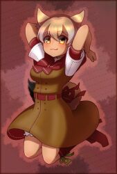 Rule 34 | 1girl, alternate costume, animal ears, blonde hair, boots, bow, bowtie, closed mouth, coyote (kemono friends), dress, extra ears, highres, hikarikmy, kemono friends, kemono friends v project, looking at viewer, red background, short hair, simple background, solo, tail, virtual youtuber, wolf ears, wolf girl, wolf tail, yellow eyes