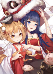 Rule 34 | 2girls, :3, :d, absurdres, ajio (pixiv7718798), blue eyes, blue hair, blush, bow, bowl, brown hair, chinese new year, chinese zodiac, choker, closed mouth, commentary request, hair bow, highres, holding, jewelry, long hair, looking at viewer, multiple girls, necklace, on head, open mouth, otoshidama, pig, pipimi, pom pom (clothes), poptepipic, popuko, red bow, short hair, smile, twintails, year of the pig