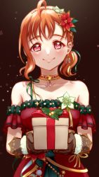 Rule 34 | 1girl, absurdres, ahoge, box, brown gloves, choker, christmas, closed mouth, collarbone, diadem, dress, earrings, flower, fur-trimmed gloves, fur trim, gem, gift, gift box, gloves, hair flower, hair ornament, highres, holding, holding box, jewelry, looking at viewer, love live!, love live! sunshine!!, off-shoulder dress, off shoulder, orange hair, red dress, red eyes, red flower, short hair, smile, solo, takami chika, toine