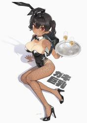 Rule 34 | 1girl, alcohol, alternate costume, animal ears, arm support, backpack, bag, black bow, black bowtie, black footwear, black hair, black leotard, bow, bowtie, breasts, champagne, champagne flute, cleavage, clenched teeth, cup, dated, detached collar, drinking glass, fake animal ears, fishnet pantyhose, fishnets, full body, gaki kyonyuu, hair between eyes, high heels, highres, holding, japanese text, kaedeko (kaedelic), large breasts, leotard, looking at viewer, one-piece tan, oppai loli, pantyhose, playboy bunny, rabbit ears, randoseru, red eyes, sasaki kanna (kaedeko), shadow, shoes, short hair, signature, simple background, smile, solo, tan, tanline, teeth, text background, twintails, wrist cuffs