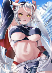 Rule 34 | 1girl, azur lane, bare shoulders, belt, blue sky, breasts, clothing cutout, cropped jacket, cropped shirt, earpiece, gloves, hair lift, half gloves, headgear, jacket, long hair, looking at viewer, multicolored hair, navel, official alternate costume, open clothes, open jacket, panties, panty straps, prinz eugen (azur lane), prinz eugen (final lap) (azur lane), race queen, red hair, red panties, sky, solo, streaked hair, sweat, taki tohko, two-tone hair, two-tone skirt, underboob, underboob cutout, underwear, white belt, white hair, zipper