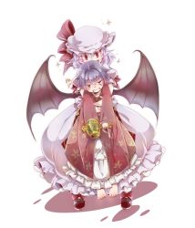 Rule 34 | 2girls, angry, barefoot, bat wings, blush, bow, bubble skirt, dress, frills, from behind, full body, hat, hat ribbon, holding, hug, hug from behind, japanese clothes, kimono, light purple hair, long sleeves, looking at another, mary janes, miracle mallet, mob cap, multiple girls, no headwear, obi, open mouth, puffy sleeves, red dress, red eyes, remilia scarlet, ribbon, sash, shirt, shoes, short hair, short sleeves, simple background, skirt, skirt set, smile, sparkle, sukuna shinmyoumaru, tears, teeth, toropp, touhou, white background, wide sleeves, wings