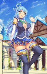 Rule 34 | 1girl, :d, against railing, aqua (konosuba), bare shoulders, blue eyes, blue footwear, blue hair, blue shirt, blue skirt, blue thighhighs, blush, boots, bottle, bow, breasts, cleavage, covered erect nipples, day, detached sleeves, green bow, hair ornament, hair rings, highres, holding, holding bottle, house, kono subarashii sekai ni shukufuku wo!, large breasts, against railing, long hair, milk, milk bottle, miniskirt, no panties, open clothes, open mouth, open shirt, outdoors, railing, sgt-jz, shirt, skirt, sky, smile, solo, thigh boots, thighhighs, unbuttoned, unbuttoned shirt