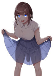 Rule 34 | 1futa, :d, absurdres, blue eyes, blue skirt, blush, breasts, brown hair, clothes lift, collared shirt, feet out of frame, futanari, glowing, glowing eyes, highres, large breasts, lifted by self, long skirt, looking at viewer, open mouth, original, penis, pleated skirt, see-through, see-through silhouette, see-through skirt, shirt, short hair, simple background, skirt, skirt lift, smile, solo, white background, white shirt, wreath (lit)