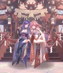 Rule 34 | 2girls, absurdres, akochan, animal ears, bare legs, braid, breasts, bridal gauntlets, cherry blossoms, cleavage, closed mouth, detached sleeves, falling petals, fox ears, full body, genshin impact, geta, hair between eyes, hair ornament, hand up, highres, japanese clothes, kimono, large breasts, long hair, looking at viewer, looking to the side, low-braided long hair, low-tied long hair, mole, mole under eye, multiple girls, obi, off shoulder, open mouth, outdoors, petals, pink hair, purple eyes, purple hair, purple kimono, purple thighhighs, raiden shogun, red ribbon, ribbon, rope, sandals, sash, shide, shimenawa, shirt, shrine, shrug (clothing), sitting, sitting on object, sleeveless, sleeveless shirt, thighhighs, toes, very long hair, white shirt, wide sleeves, yae miko, zouri