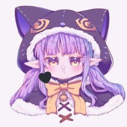 Rule 34 | 1girl, :i, animal ears, animal hood, bell, black capelet, blush, bow, brown eyes, capelet, cat ears, cat hood, closed mouth, commentary request, fake animal ears, fur-trimmed capelet, fur-trimmed hood, fur trim, grey background, heart, hood, hood up, hooded capelet, jingle bell, kyoka (halloween) (princess connect!), kyoka (princess connect!), long hair, looking at viewer, pointy ears, pout, princess connect!, purple hair, simple background, solo, twintails, yellow bow, yi lian