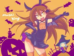 Rule 34 | bat (animal), black gloves, blush stickers, brown eyes, brown hair, dress, fake horns, fake wings, gloves, hair between eyes, halloween, halloween costume, highres, horns, jack-o&#039;-lantern, jewelry, kagami tina, long hair, looking at viewer, mushiking, necklace, open mouth, orange thighhighs, pumpkin, red9 (isktmz), smile, thighhighs, wings, witch
