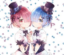 Rule 34 | 2girls, black hat, blue eyes, blue hair, blush, closed mouth, commentary, dress, floral background, hair ornament, hair over one eye, hat, hat ribbon, holding hands, looking at viewer, melings (aot2846), mini hat, mini top hat, multiple girls, pink hair, ram (re:zero), re:zero kara hajimeru isekai seikatsu, red eyes, rem (re:zero), ribbon, short hair, short sleeves, siblings, sidelocks, sisters, smile, top hat, twins, underbust, upper body, white background, white dress, wrist cuffs, x hair ornament