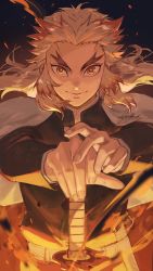 Rule 34 | 1boy, black jacket, blonde hair, cape, commentary request, fire, forked eyebrows, fubuki (fakemonkey0224), highres, holding, holding sword, holding weapon, jacket, katana, kimetsu no yaiba, long hair, long sleeves, looking at viewer, male focus, multicolored hair, orange eyes, paid reward available, red hair, rengoku kyoujurou, signature, solo, sword, two-tone hair, weapon, white cape